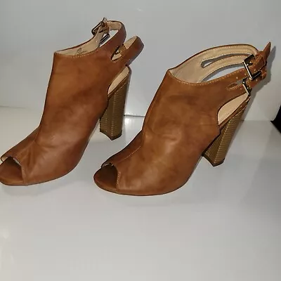 Liliana CB74 Tan Leatherette Toe Slingback Chunky Mule High Heeled Ankle Bootie • $25