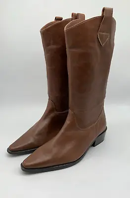 The Shoe Tailor Boots UK 4 EEE VGC Cuban Heel Cowboy Brown Leather Mid Calf • £29.48