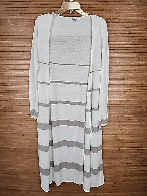 CAbi 294 Linen White Beige Stripe Open Front Duster Cardigan  Womens Medium M • $12.79