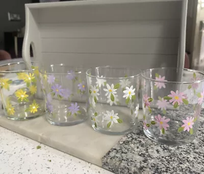 Hand Painted Coloured Daisy Set Of 4 Glasses Stackable Unique Gift • £22.50