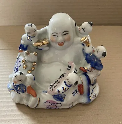 Porcelain Laughing Buddha Figure With 5 Children & Beads. Blue White & Gold. • £12.50