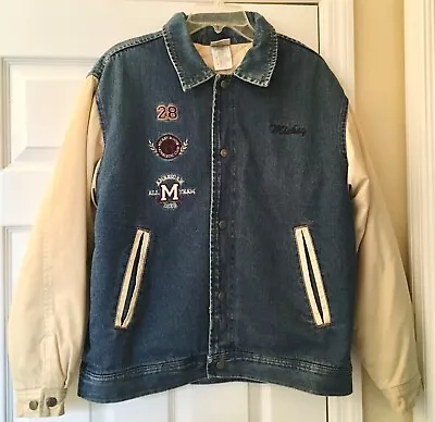 Vintage Men 90s Disney Store Embroidered Mickey Denim Bomber Varsity Jacket Sz S • $79