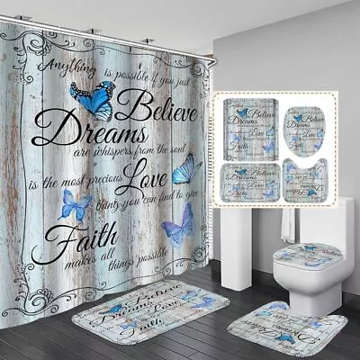 4 Pcs Blue Butterfly Shower Curtain And Mat Set For Bathroom Decor • $34.13