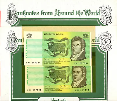 World Banknotes Australia 2 Dollar 1983 P-43d Johnston/Stone UNC 2 Consecutive • $59.96