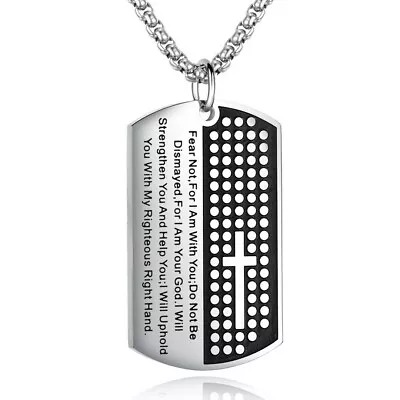 Mens Silver Bible Verse Dog Tag Cross Pendant Lord's Prayer Necklace Chain 24  • $11.99