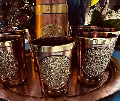 Vintage Handmade Mexican Copper And Brass Pitcher & Set Of 8 Cups & Serving Tray • $325
