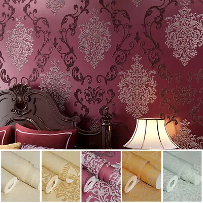 10M Elegant Luxury Damask Embossed Flock Textured Non-woven Wallpaper Roll • £25.19