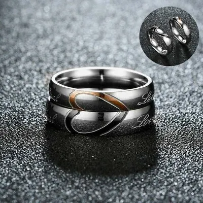 Couples Promise Heart Real Love Band Ring Wedding Engagement Titanium Steel • £3.28