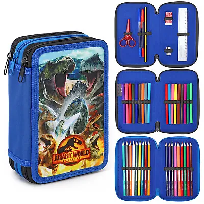 Jurassic World 3 Tier Pencil Case Multi Compartment Colouring Pens Pencils Set • £14.99