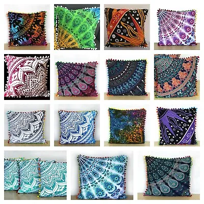 £5.29 • Buy Handmade Cotton Cushion Covers With Pom Pom Mandala Square Pillowcases 16x16