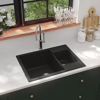 Kitchen Sink With Overflow Hole Double Basins Black Granite Q4Y7 • £304.75