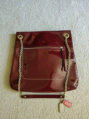 Coach Poppy Patent Leather Slim Tote Handbag Purse Crimson Red 21583  • $70