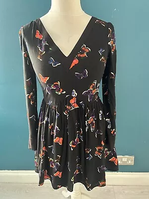 Oasis Black Orange Butterfly Print Floral Skater Dress 10 - V Neck • £15.99