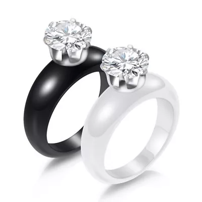 8mm Round Cut CZ Band Black/White Ceramic Ring Women's Engagement Ring Size 6-10 • $10.99