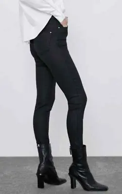 Zara Wax Coated Black Stretch Denim Mid Rise Skinny Ankle Pants Jeans Sz 6 • £42.75