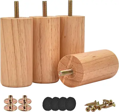 4 Inch Solid Wood Furniture Legs Btowin 4Pcs Modern Round Wooden Bun Feet With • $25.78