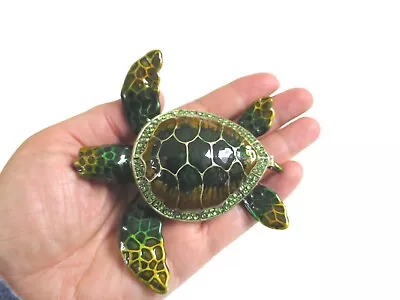 Bejeweled Dark Green Sea Turtle Hinged Metal Enameled Rhinestone Trinket Box • $22.99