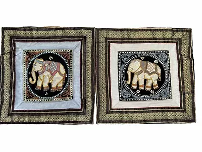 Vintage 1970s Beaded Elephant Sequin Silk Sq  Pillow Covers (2) Thailand 16 X 16 • $45