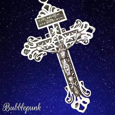 Vintage Ornate Aluminum Rosary Crucifix Cross Pendant 2  ~ Estate • $5