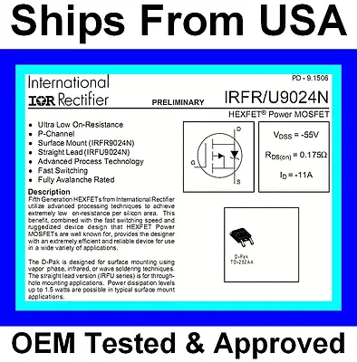 5 Ea IRFR9024N P-Channel HEXFET Power MOSFET 11A D-Pak SMD  NEW • $7.99