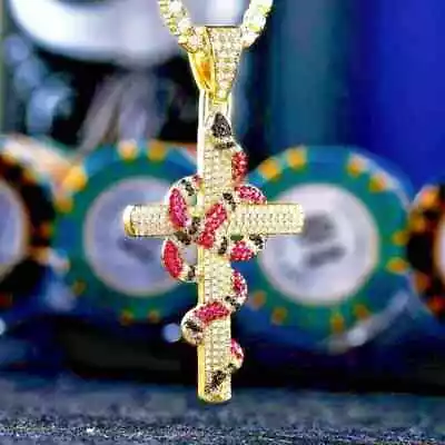 4Ct Round Simulated Ruby Men's Cross Snake Pendant 14k Yellow Gold Plated Silver • $261.92