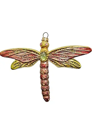 Vintage Ornate Blown Glass Dragonfly Ornament Colorful Paint & Glitter • $70