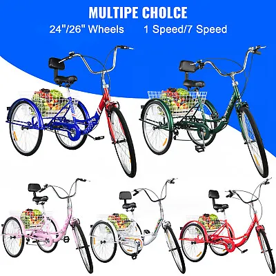 VEVOR Foldable 24 /26  1/7-Speed Adult Trike Tricycle 3-Wheel Bike W/ Basket • $206.59