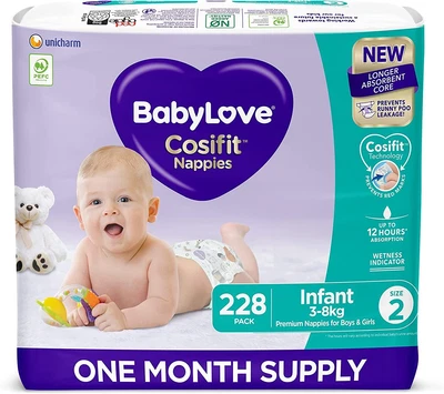 $111 • Buy Babylove Cosifit Nappies, Size 2 (3-8Kg) One Month Supply (3 Packs Of 76, 228 Na