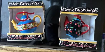 Mary Engelbreit Teapot Christmas Tree Ornaments Set Of 2 W/ Boxes Vintage • $12