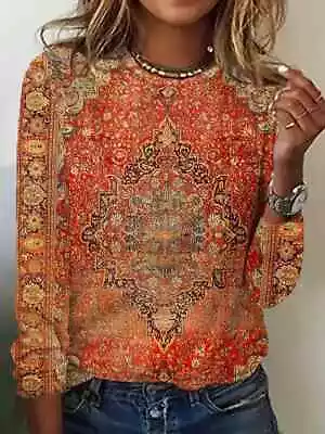 Baroque Red T Shirt Casual Long Sleeve Boho Trendy Fashion Women Vintage Top Tee • $19.86