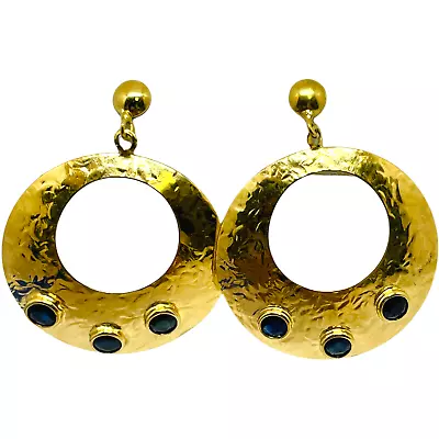 Natural  Blue Sapphire Vintage Hammered 14k Yellow Gold Hanging Post Earrings • $421.91