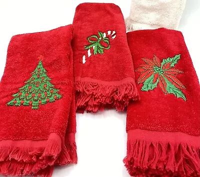 VTG Christmas  3 Fingertip Towels Embroidered Cannon Red 11 X18  • $19.98