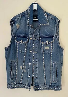 Zara Men’s Distressed Studded Aged Denim Vest Oversized Limited Edition Size S-M • $75