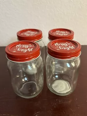 Set Of 4 Merry And Bright: Festive 12oz Mason Drinking Jar With Red Lid New • $10