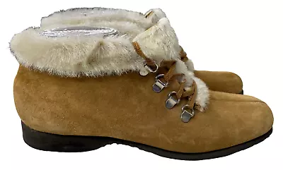 Vintage Hush Puppies Women's Tan Suede 80s Faux Fur Ankle Boots Sz 8.5N EUC • $36.90