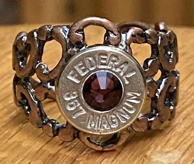 Federal 357 Magnum Nickel Bullet Casing Bronze Filigree Ring Amethyst Crystal • $14.99