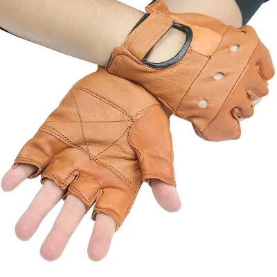 MENS BROWN LEATHER FINGER LESS DRIVING MOTORCYCLE BIKER GLOVES Work Out Exercise • $6.95