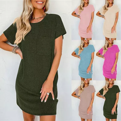 UK Women Pullover Mini Dress Summer Loose Pocket Plain Sundress Crew Neck Casual • £12.49