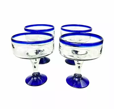 Margarita Glasses Hand Blown Mexican Cobalt Blue Rim & Base Authentic SET Of 4 • $28