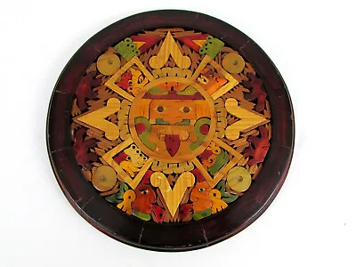 Mexican Mayan Aztec Round Wooden Wall Hanging Calendar Inlaid Wood 9.5  X 9.5  • $15