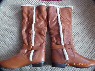 Marta Jonsson Knee Length Leather Boots In Tan With Faux Fur Lining Brand New  • £43.50