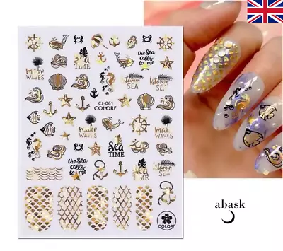 Nail Art Stickers Transfers Adhesive Gold Mermaid Ocean Whales Nail Stickers • £2.55
