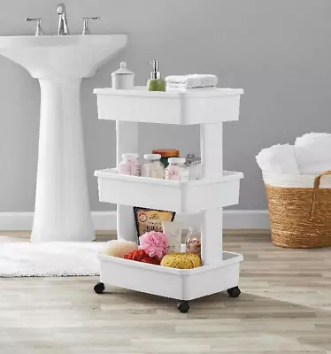 Multipurpose 3-Tier Plastic Rolling Laundry Cart Organizer Storage Baskets Decor • $26.81