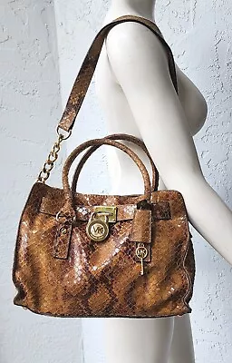 MICHAEL KORS Hamilton Tan Brown Embossed Python Snake Print Shoulder Satchel Bag • $49.95