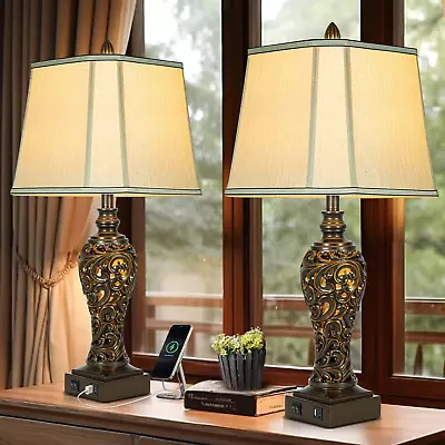 28.5  High Vintage Brown Table Lamps Set Of 2-Bedside Lamp With Faux Silk Shades • $164.99