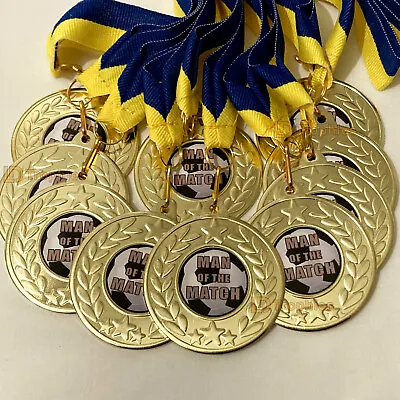 10 X Man Of The Match Medals With Blue & Yellow Ribbons Gold Football Medals • £14.50