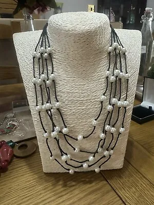 22” Multi Strand Faux Pearl Necklace On Leather Effect Cord • £10