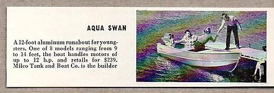 1959 Magazine Photo Aqua Swan Boats Aluminum Runabout Milco Tank Co. • $8.38