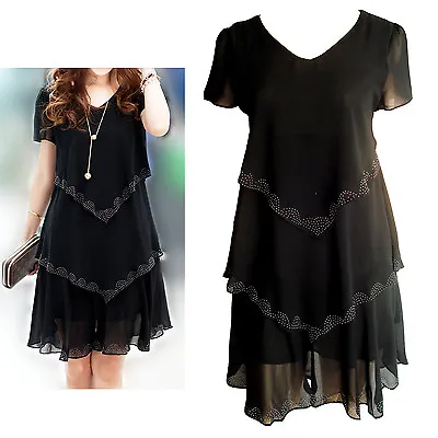 $36.99 • Buy Black Chiffon Short Sleeves Buds Trim Dress Size 10, 12, 14, 16, 18, 20