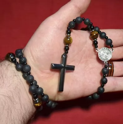 Natural Stone Rosary Beads Necklace With Tigers Eye Lava Stone Black Obsidian • £12.99
